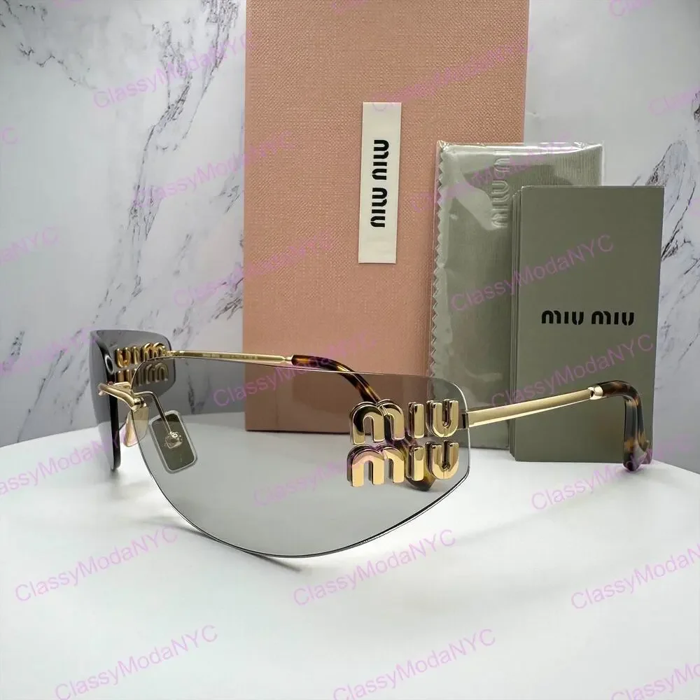 New MIU MIU Logo Sunglasses 2025 Runway Gold Slim Skinny Wrap Rimless Italy